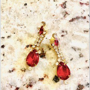 dazzling earrings--red and white vintage fashion earrings -- crystal and stone